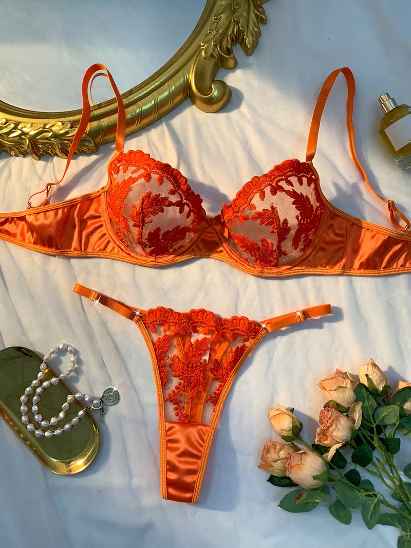 Amber Desire Orange Embroidered Lace Bra & Thong Set