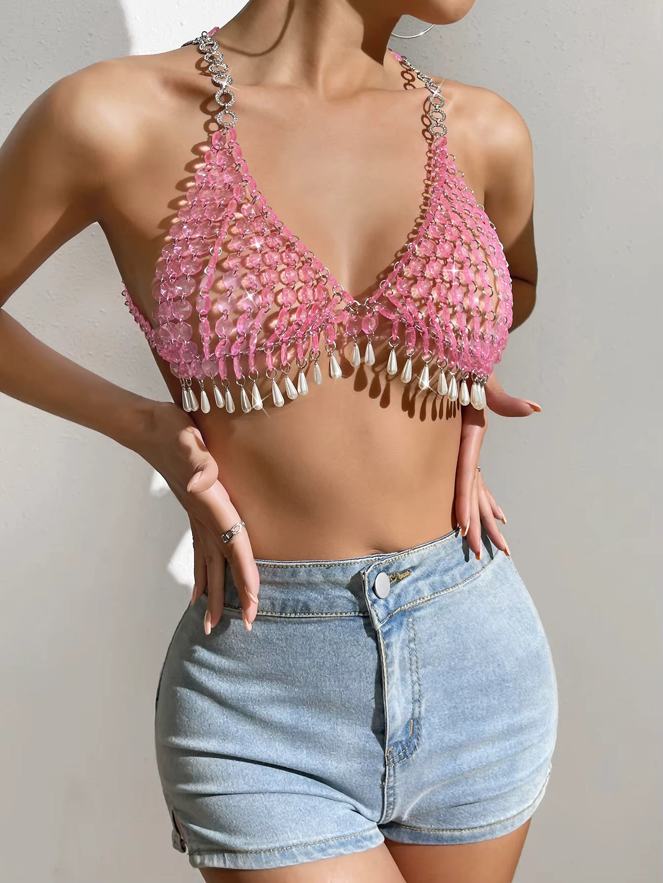 Pink Sequin Mirror Body Chain Bra Top