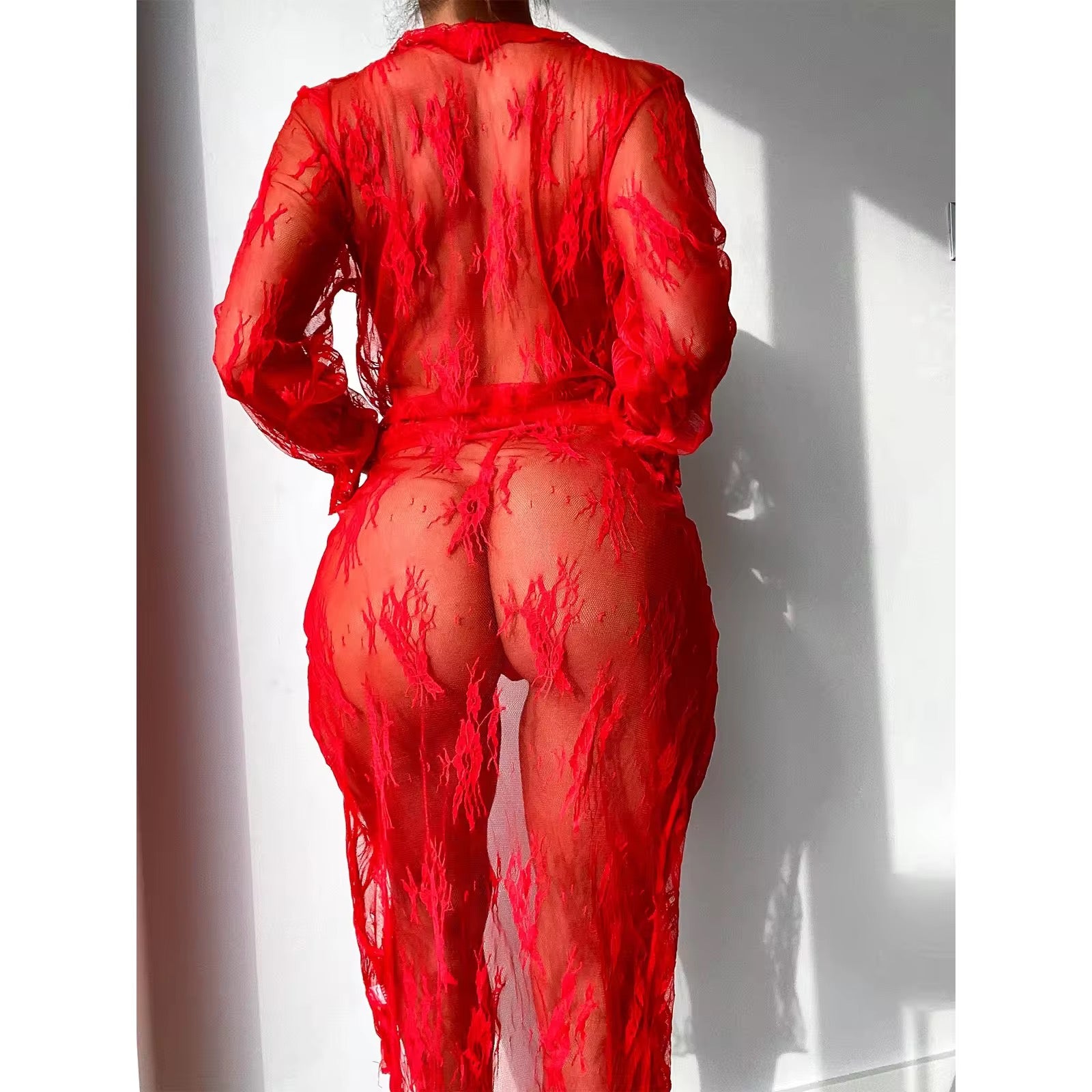 BlackSheerLaceLongRobeLingerieSet