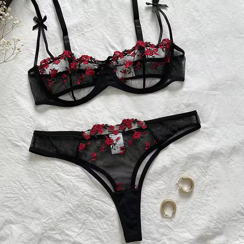 Romantic Embroidered Mesh Bra & Panty Set for Women