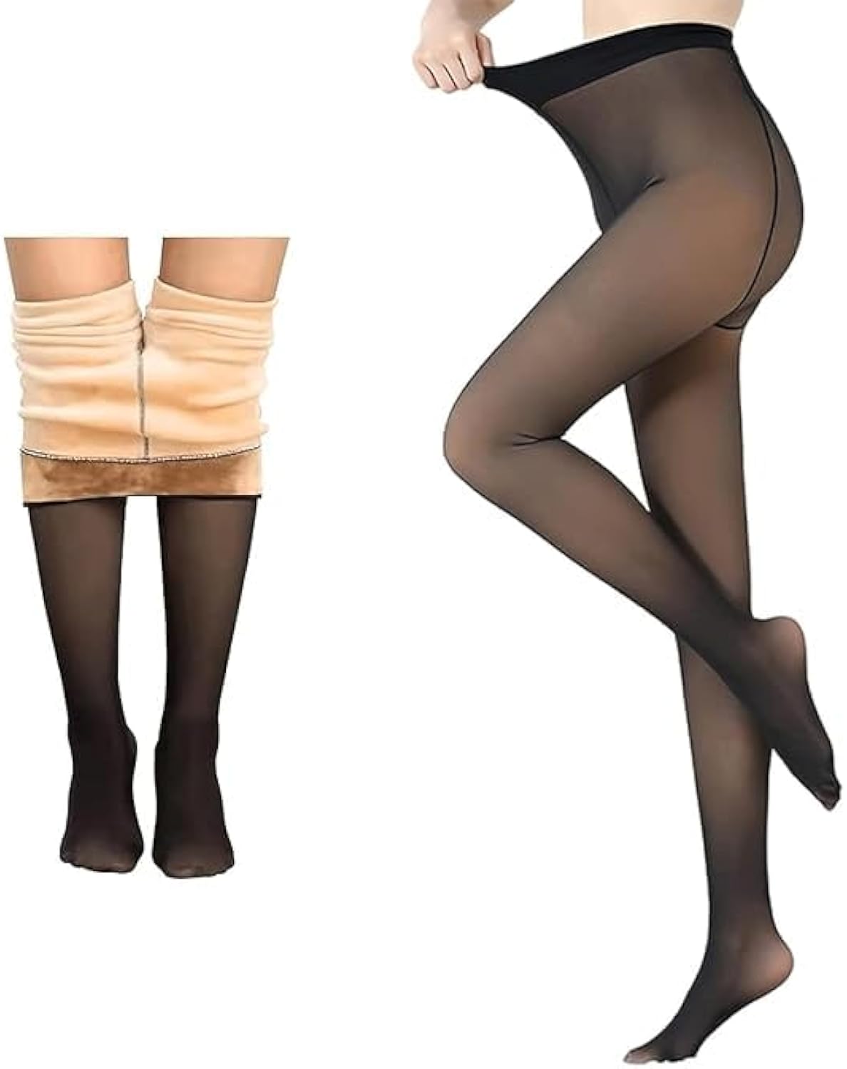 Dual Tone Fleece Lined Winter Pantyhose | Thick Warm Stockings Look Leggings
