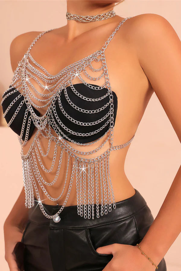 Silver Chain Body Harness Lingerie Accessory