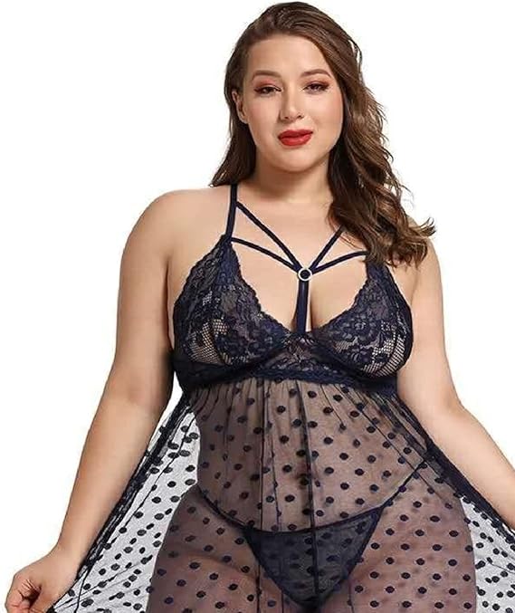 Plus Size Polka Dot Mesh Babydoll Lingerie Dress