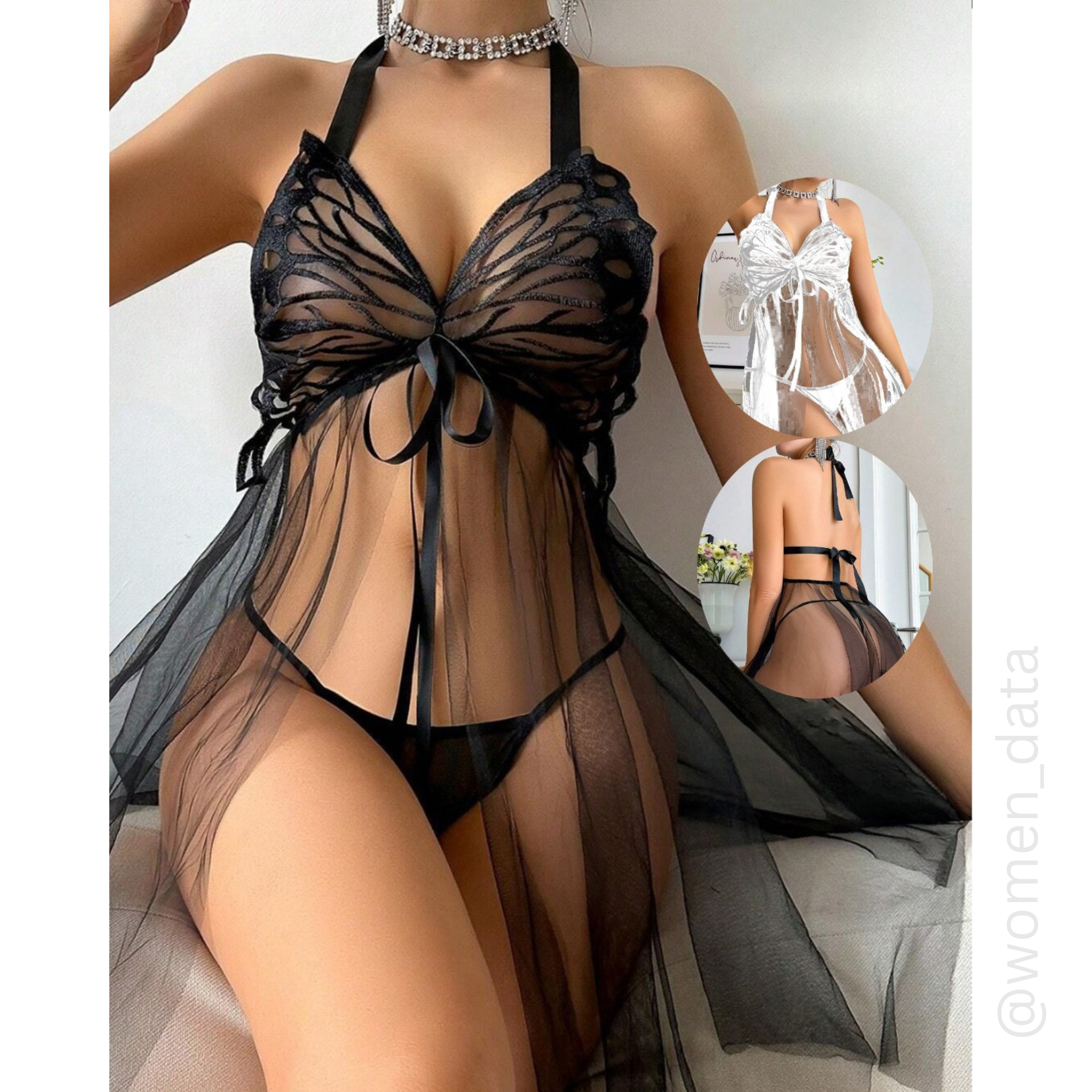 Butterfly Halter Sheer Lingerie Babydoll Set