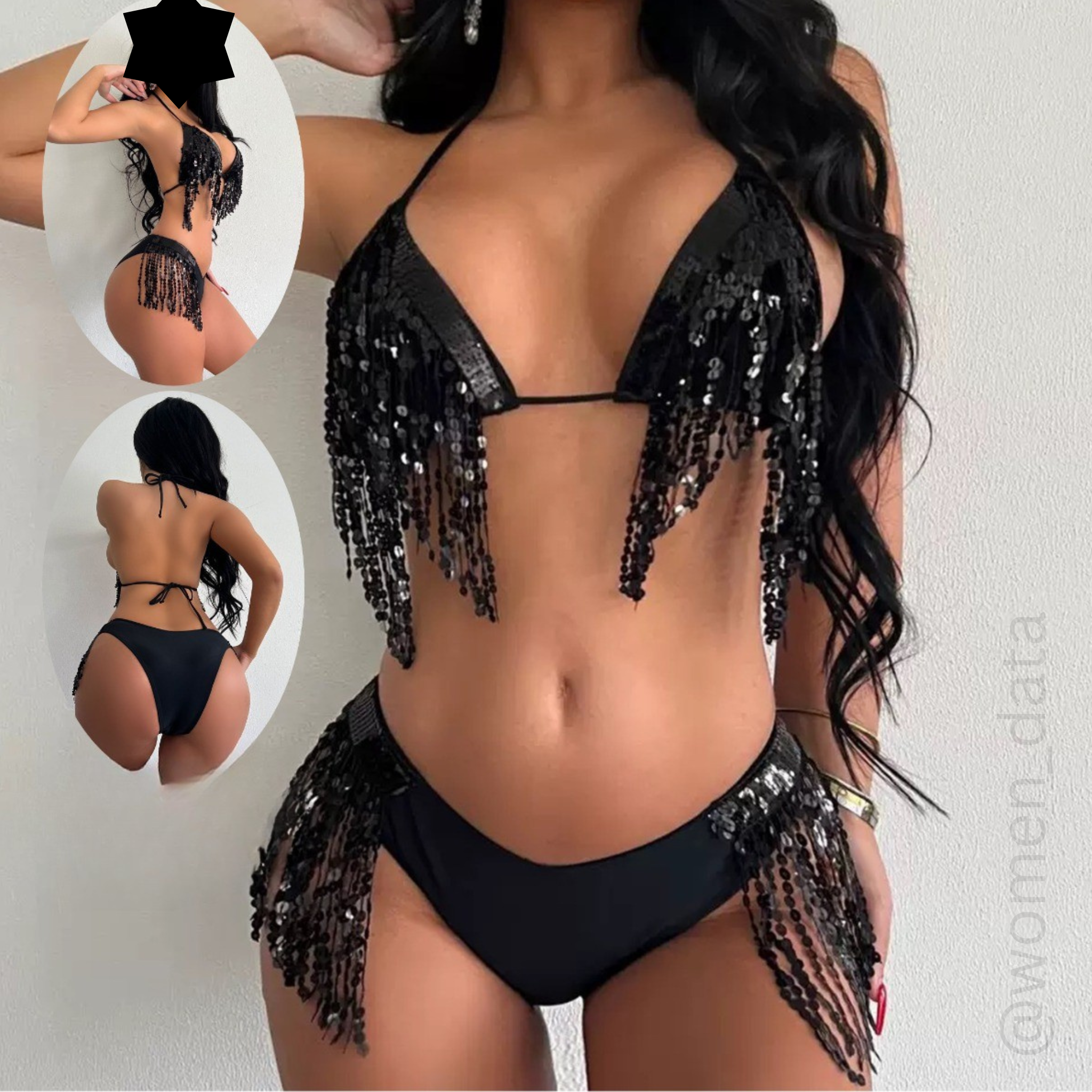 Sequin Seduction Fringe Lingerie Set – Black