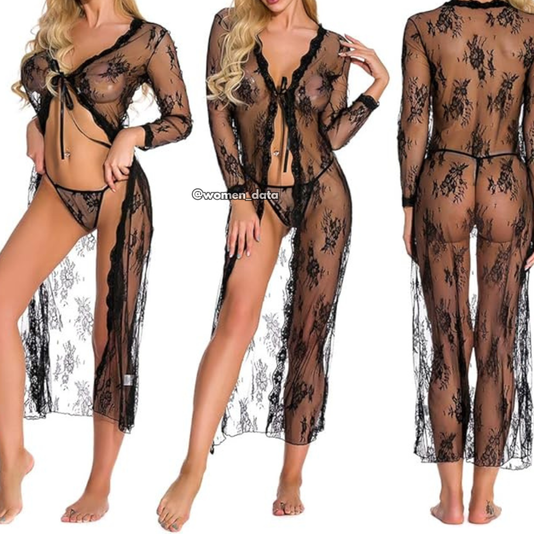 Black Sheer Lace Long Robe Lingerie Set