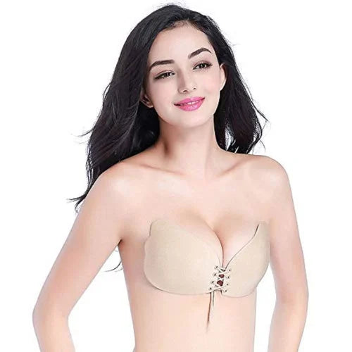 Nylon Padded Non-Wired Reusable Backless Strapless Push up Self Adhesive Sticky Bra