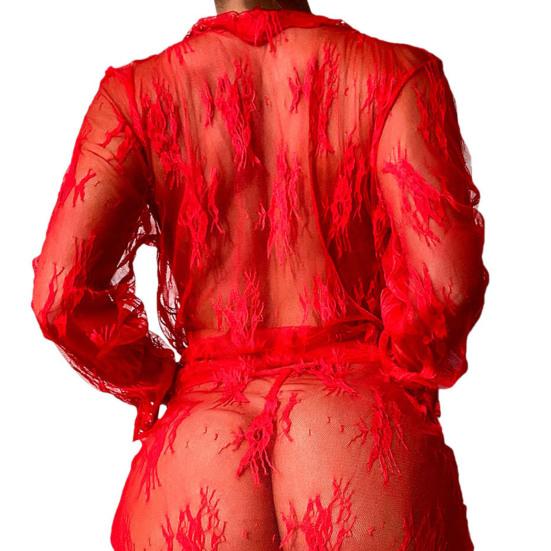 BlackSheerLaceLongRobeLingerieSet