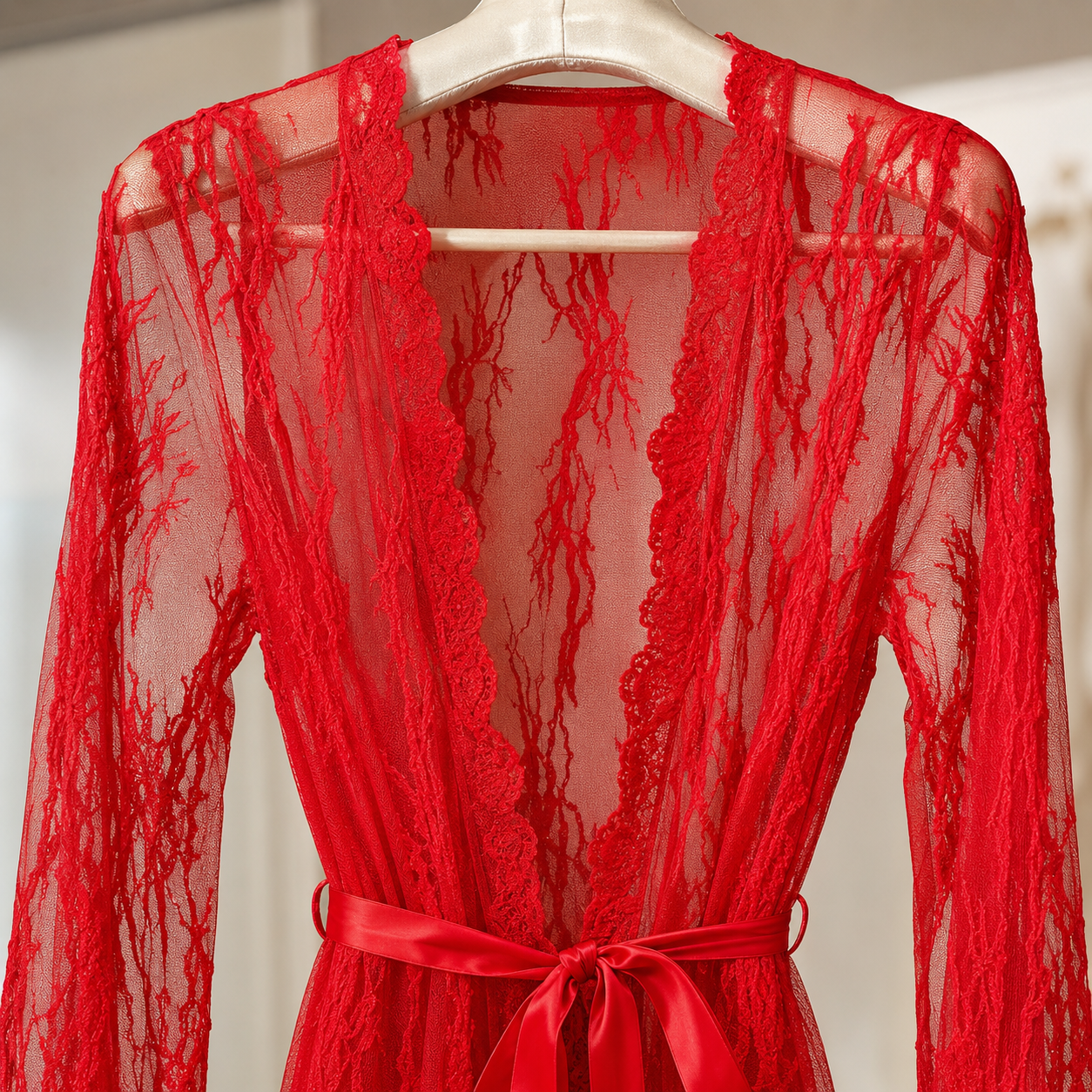Sheer Lace Long Robe Lingerie Set