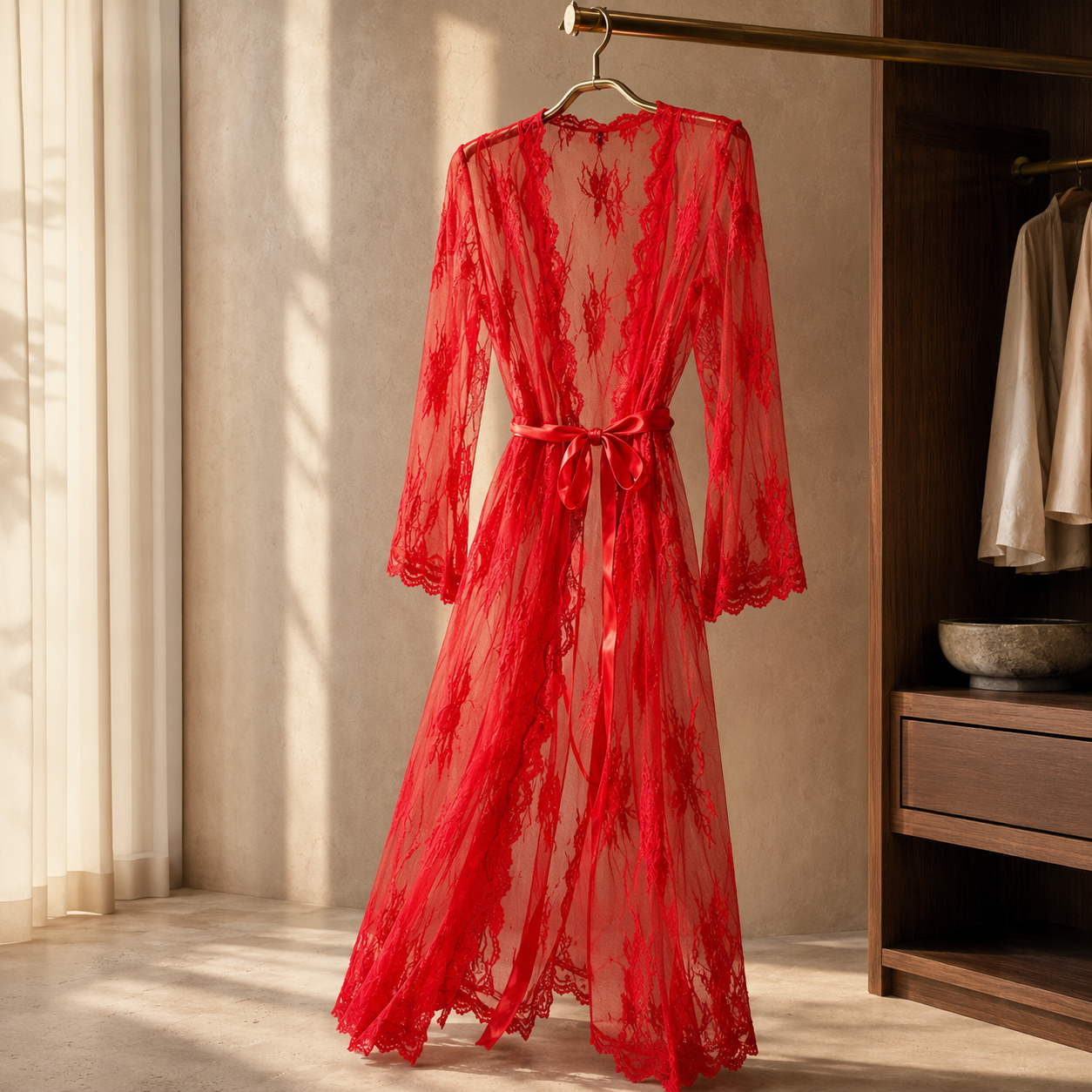 Sheer Lace Long Robe Lingerie Set