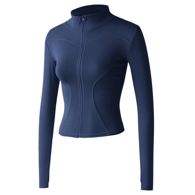 Lightweight Sports Running Jacket Slim Fit Stretchy Full Zip Athletic Workout Jacket with Thumb Holes | Women Data DARK BLUE classic
