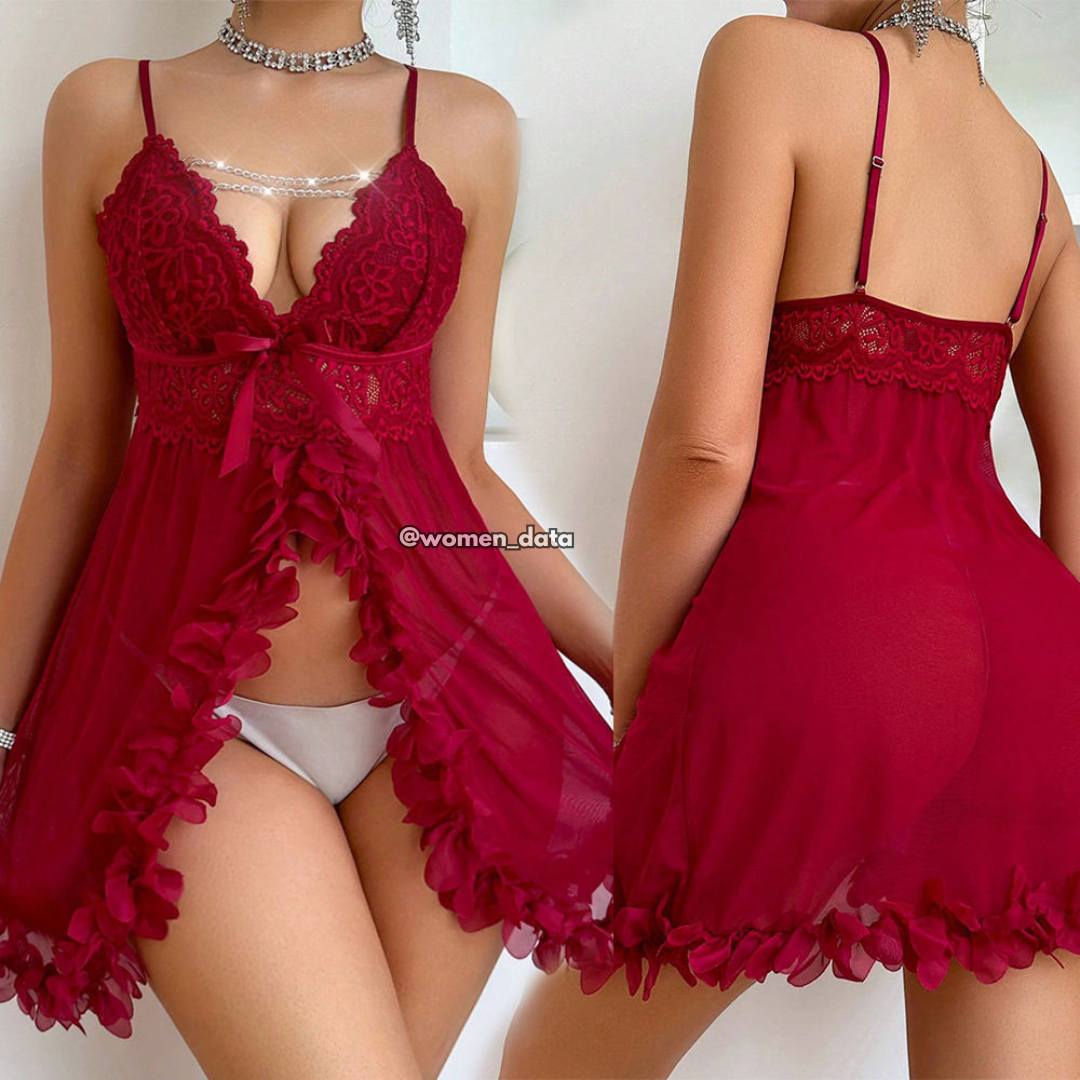 Deep Wine Red Lace Babydoll Lingerie with Sheer Mesh & Floral Hem