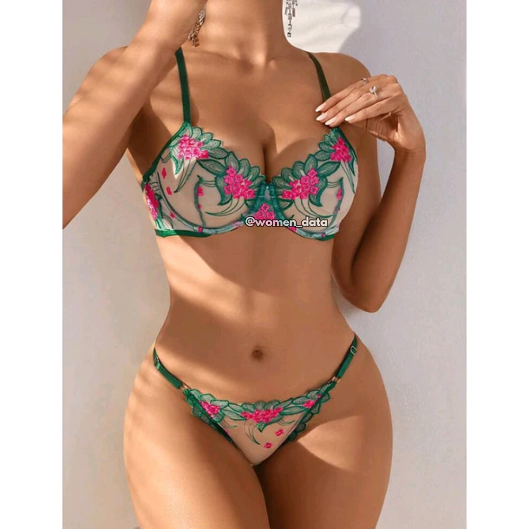 Floral Embroidered Sheer Mesh Bra & Panty Set