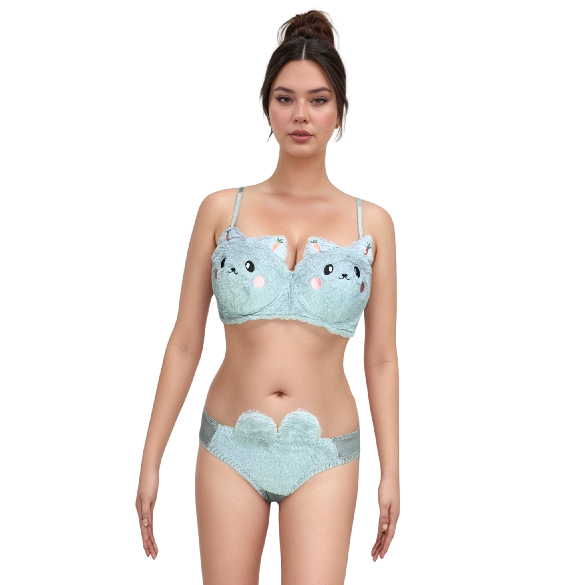 Cute Cartoon Bra Panty Set Gray Plush