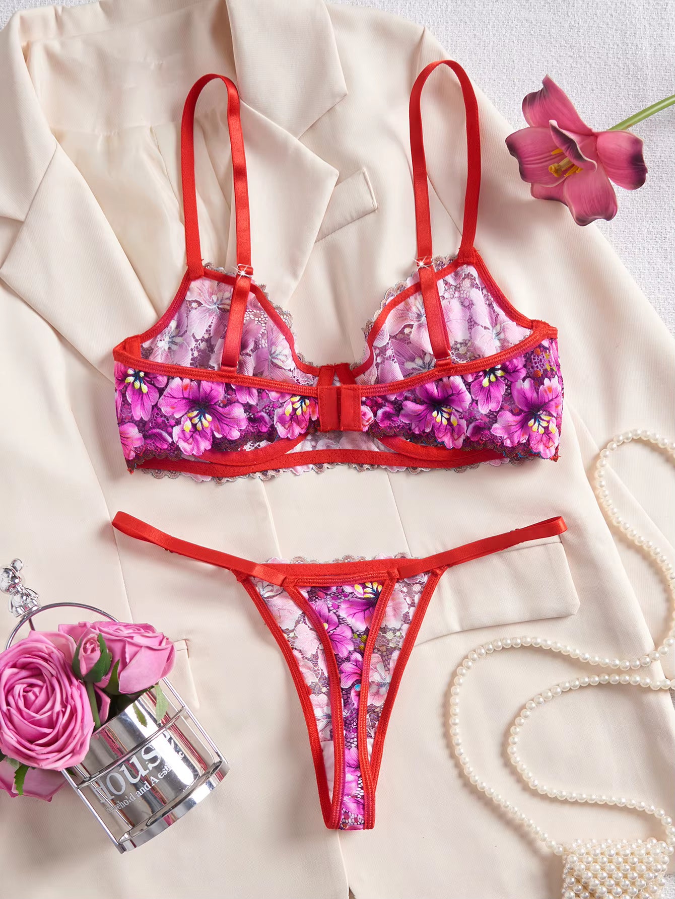 Pink Floral Lace Bra & Thong Lingerie Set