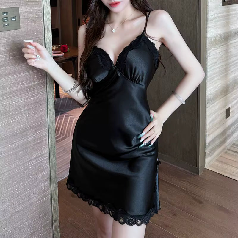 Black Satin Lace Trim Slip Nightdress for Women
