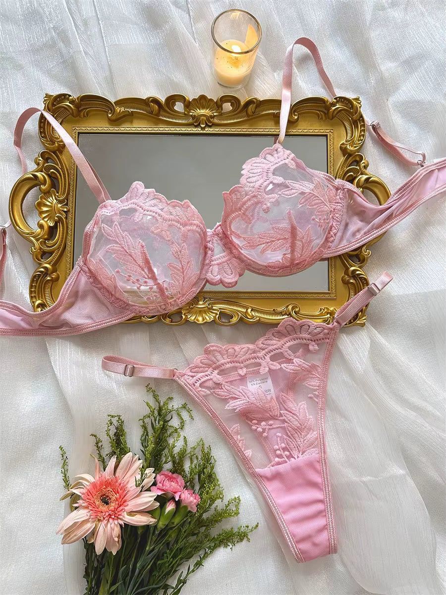 Blush Romance Pink Embroidered Lace Bra & Thong Set
