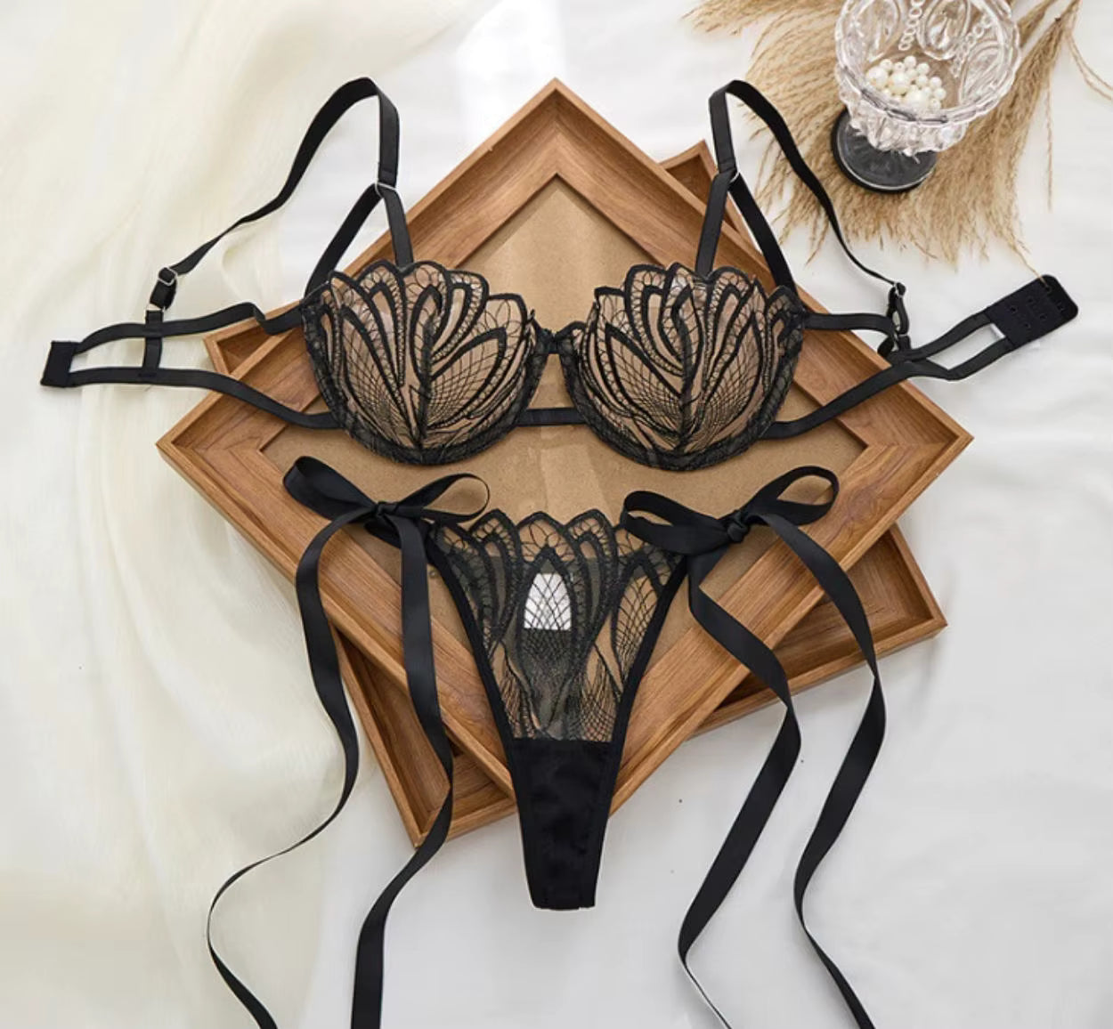 Midnight Bloom Black Lace Bra & Thong Set