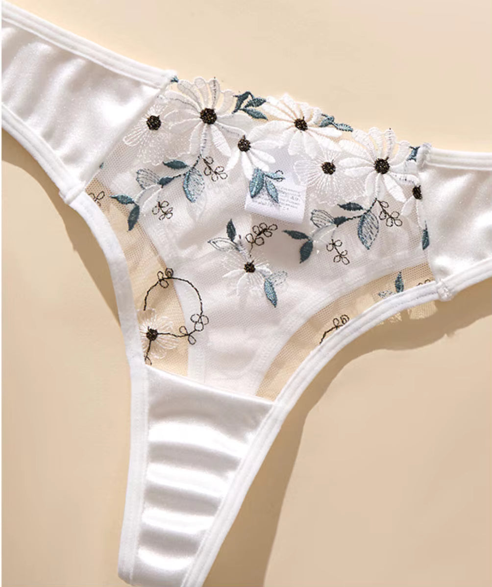White Embroidered Mesh Bra & Thong Lingerie Set