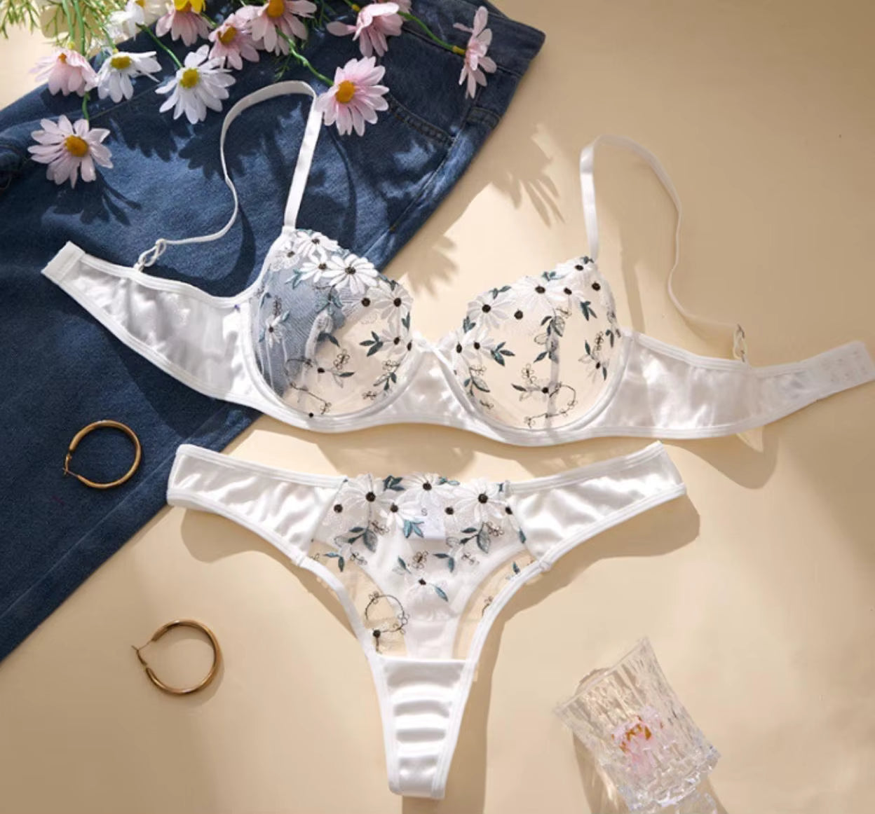 White Embroidered Mesh Bra & Thong Lingerie Set