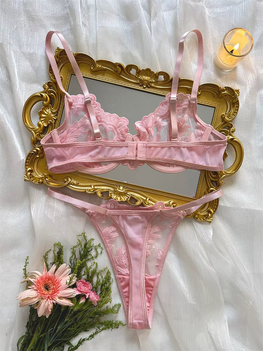 Blush Romance Pink Embroidered Lace Bra & Thong Set
