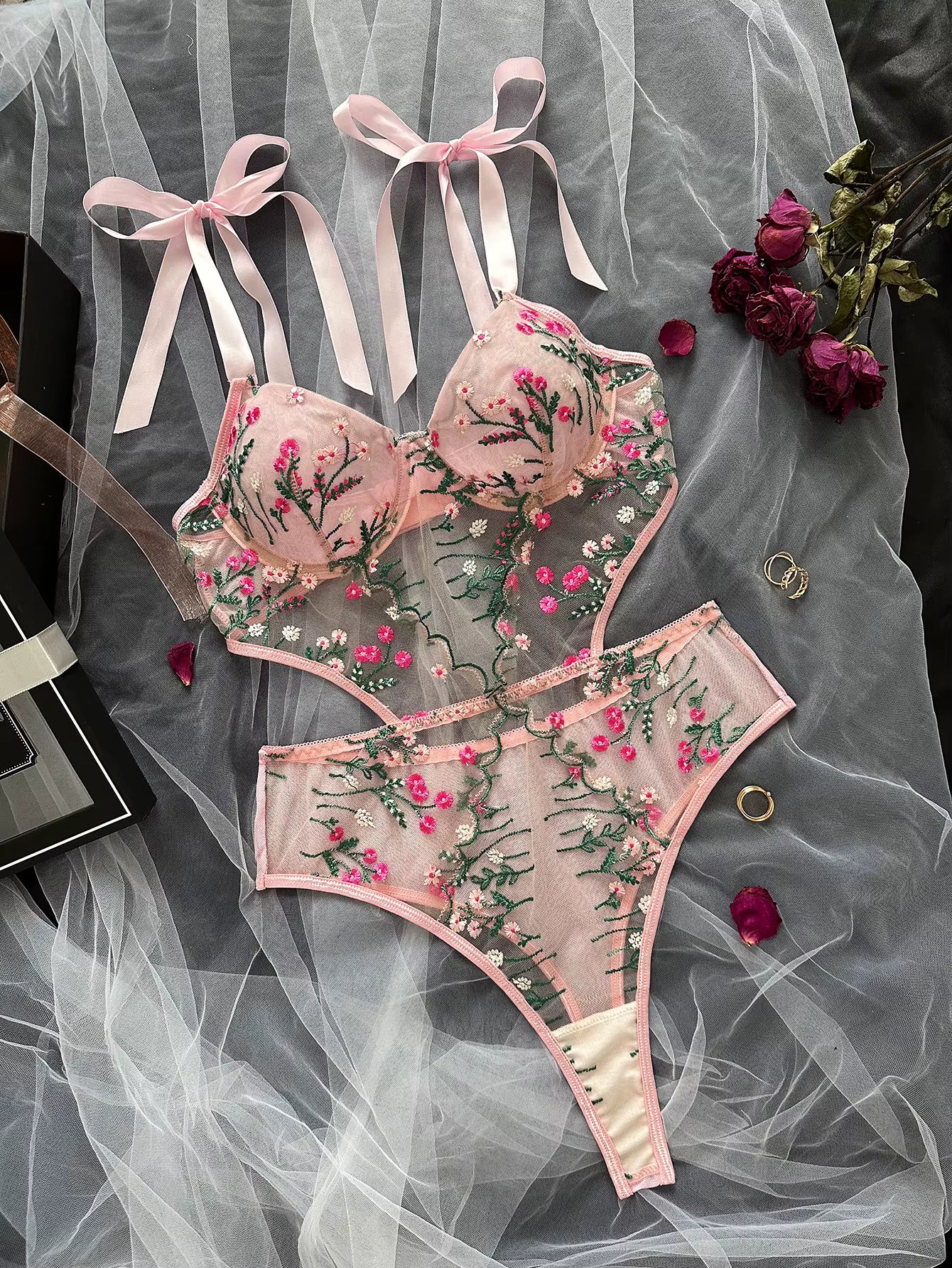 Blush Pink Floral Embroidered Net Lingerie Set