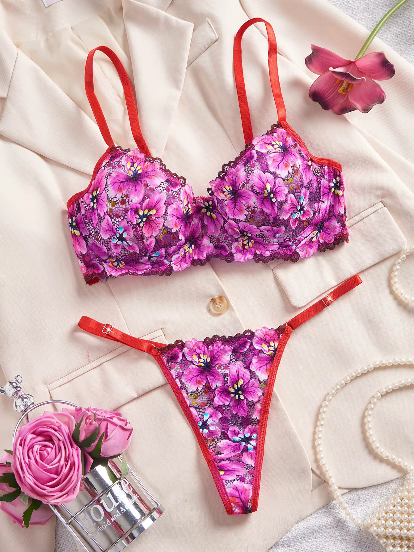 Pink Floral Lace Bra & Thong Lingerie Set