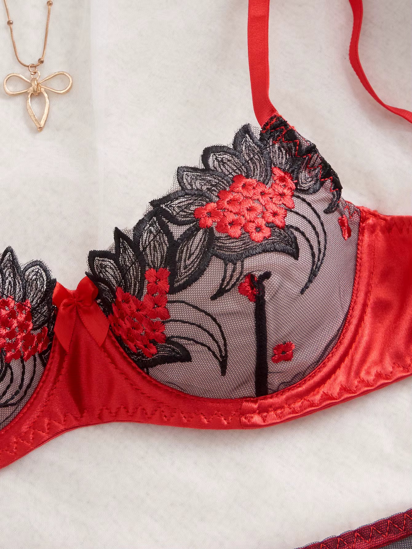 Red & Black Lace Strappy Bra & Thong Lingerie Set
