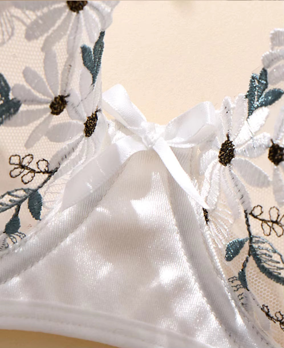 White Embroidered Mesh Bra & Thong Lingerie Set