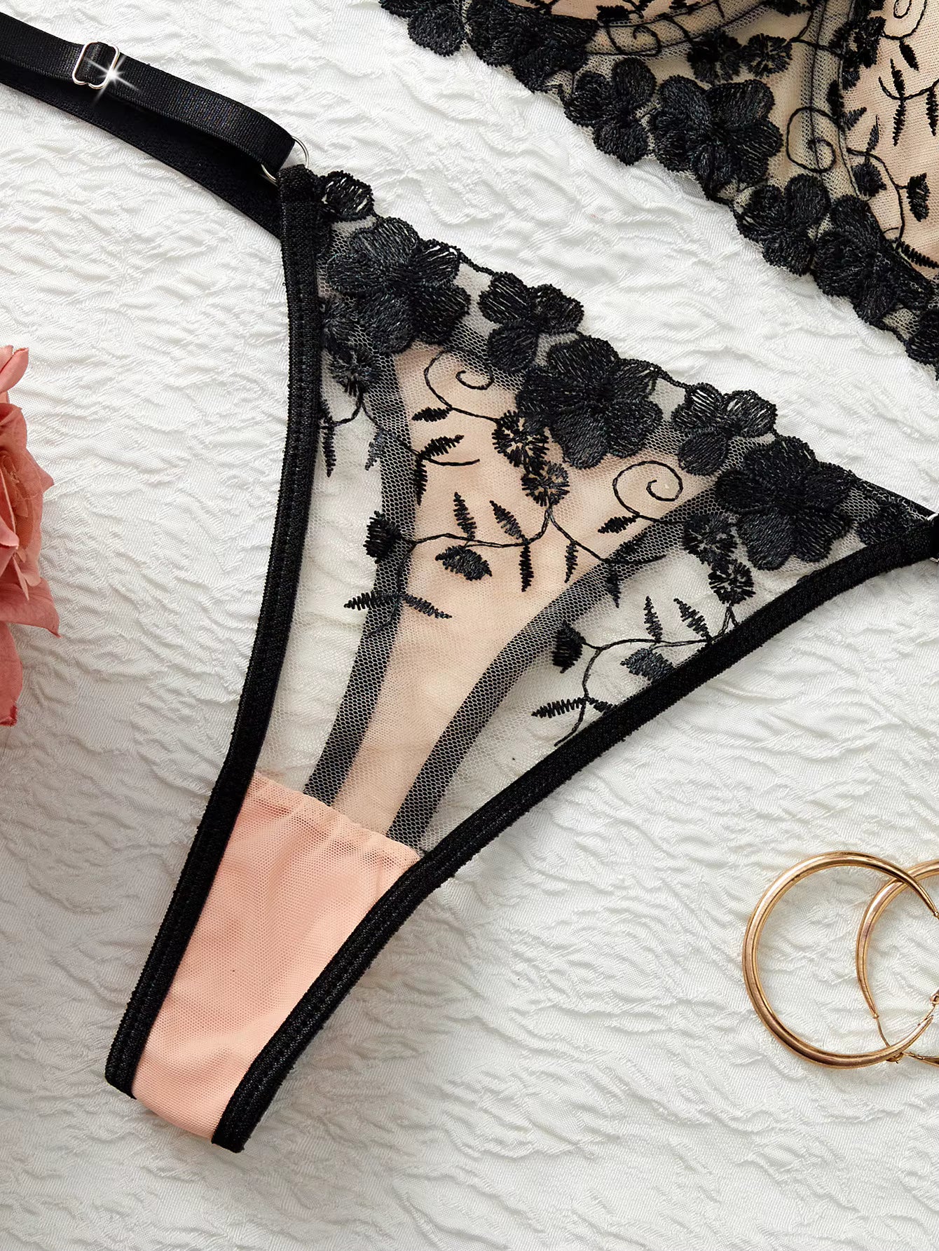 Black Embroidered Lace Bra & Thong Set