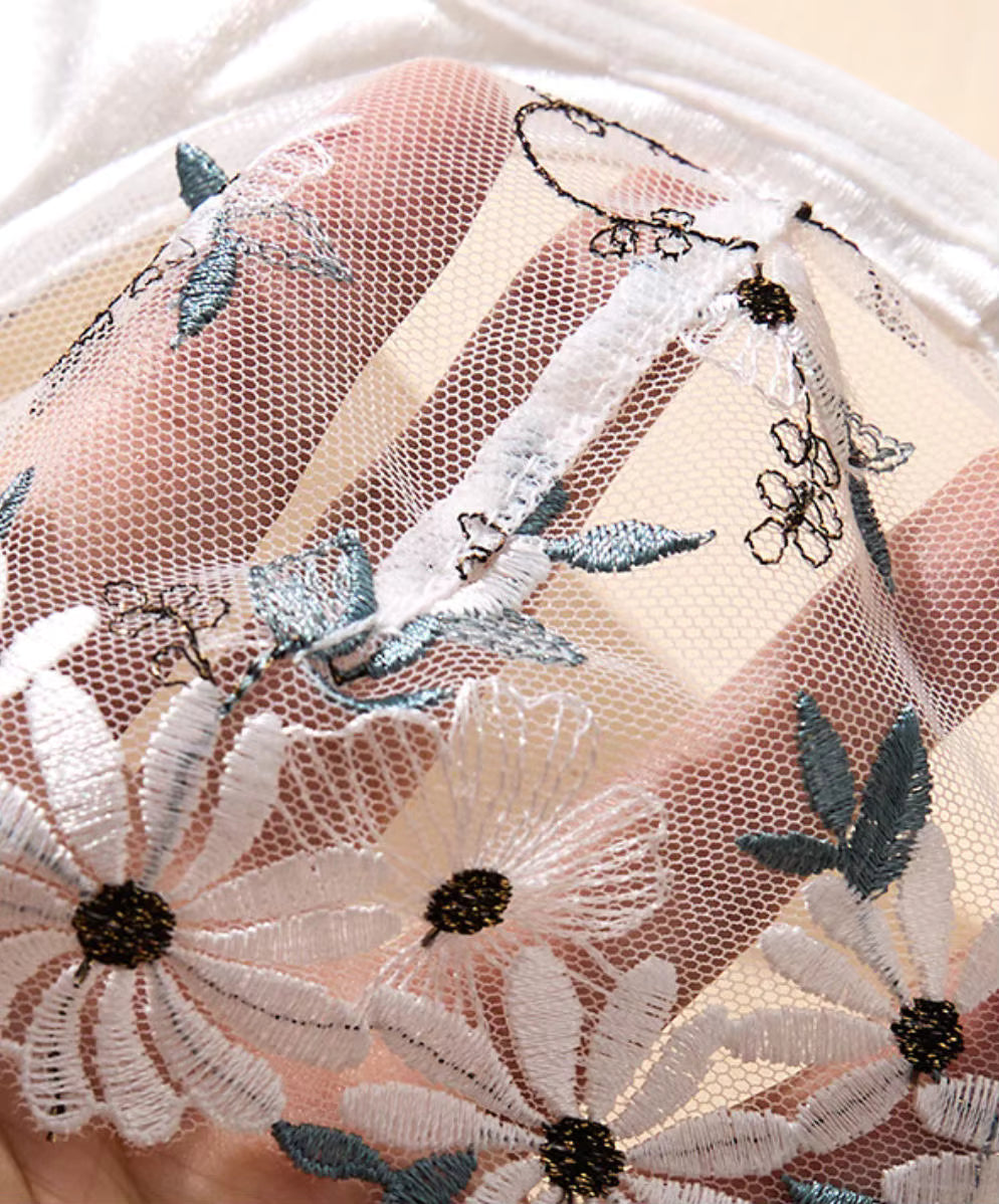 White Embroidered Mesh Bra & Thong Lingerie Set