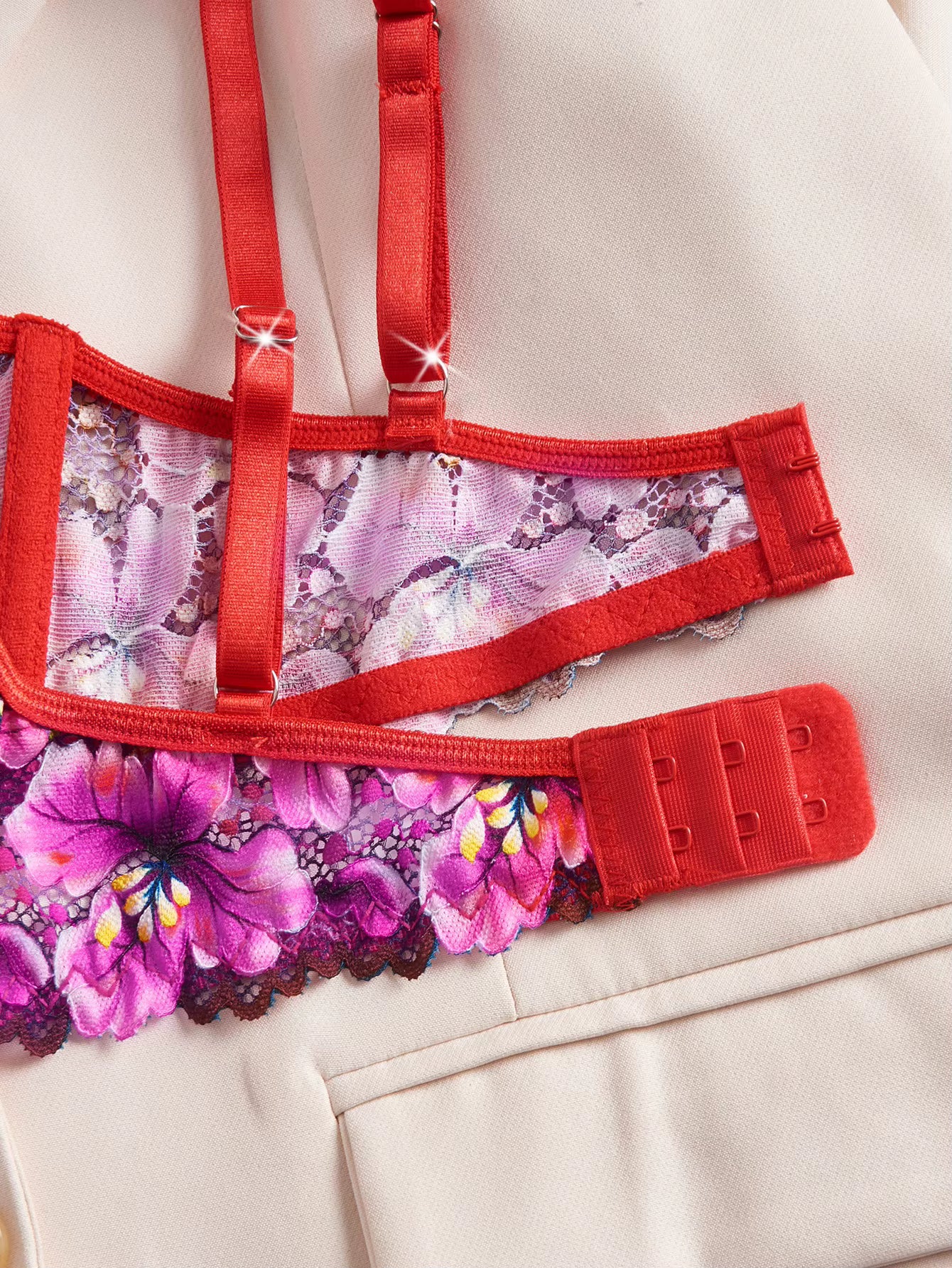 Pink Floral Lace Bra & Thong Lingerie Set