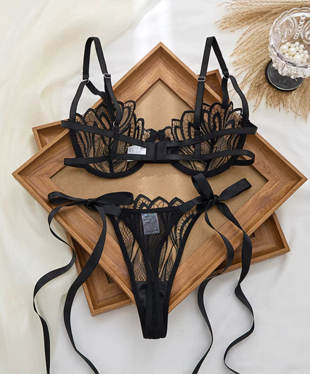 Midnight Bloom Black Lace Bra & Thong Set