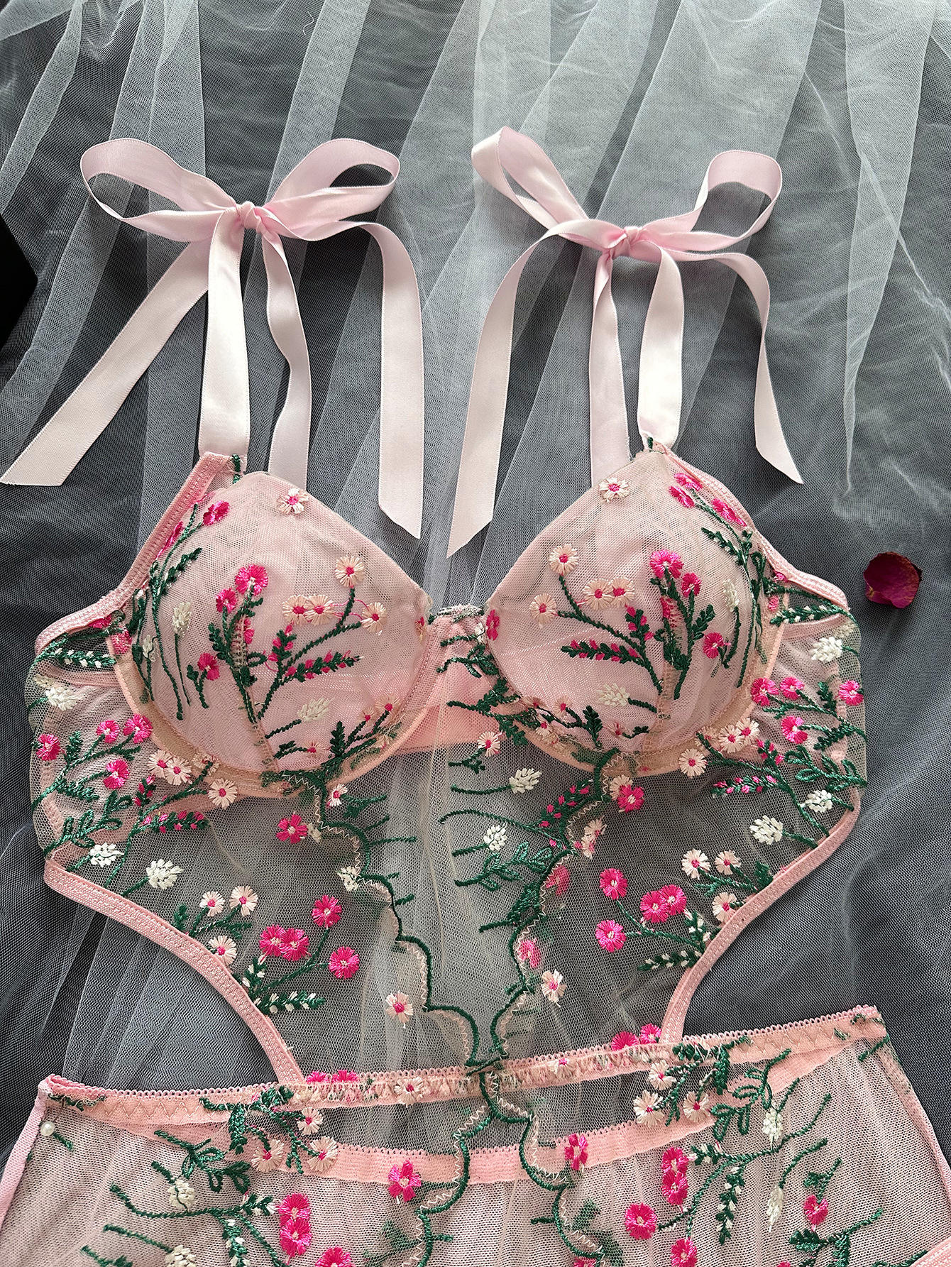 Blush Pink Floral Embroidered Net Lingerie Set
