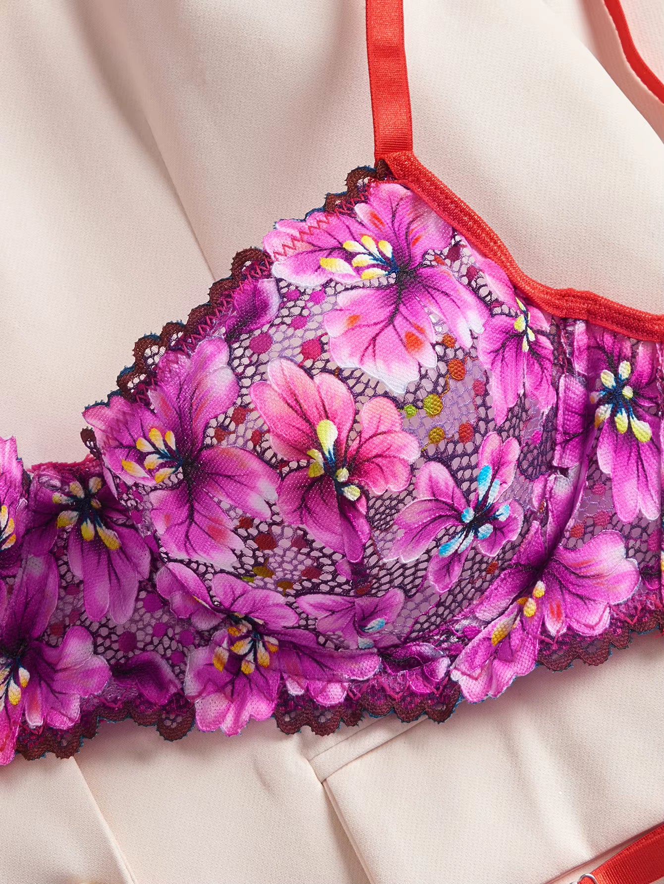 Pink Floral Lace Bra & Thong Lingerie Set