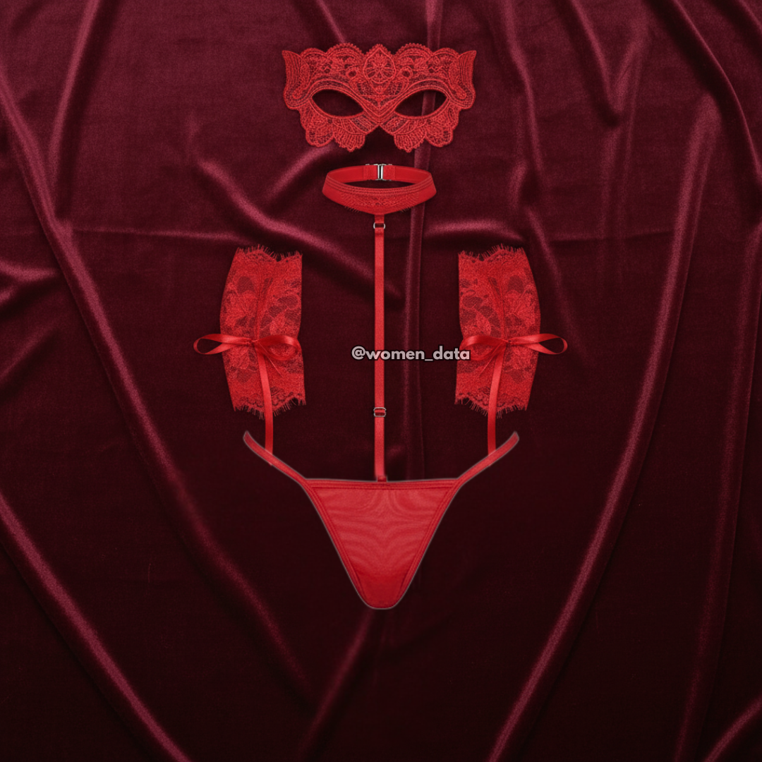 Red Lace Strappy Erotic Lingerie Set – Choker, Cuffs & G-String for Women