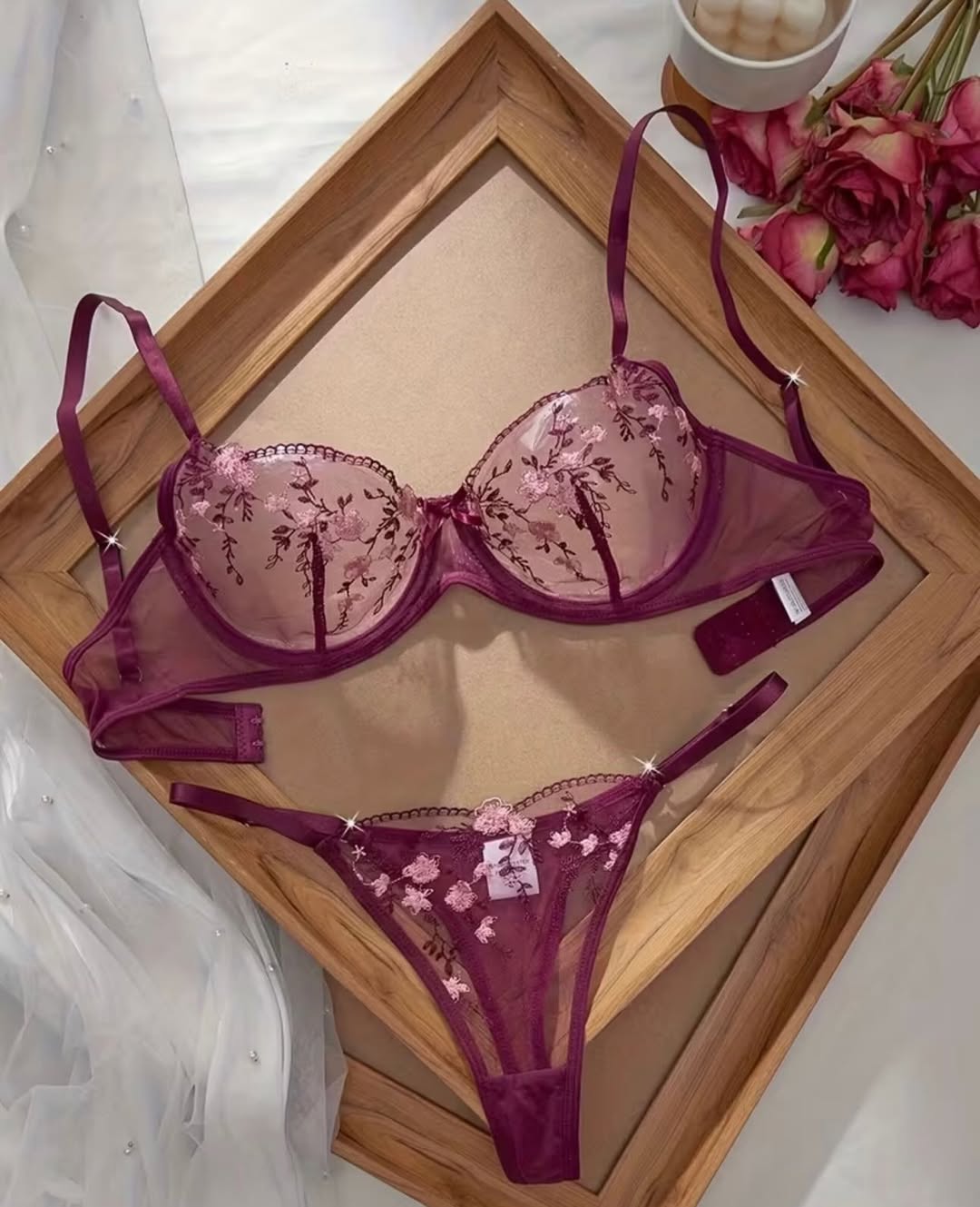 Velvet Wine Floral Embroidered Bra & Panty Set