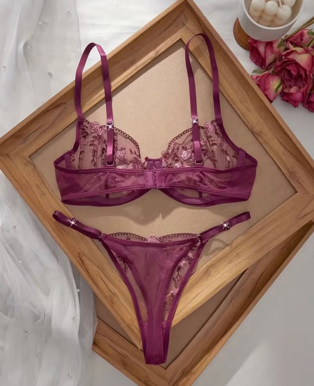 Velvet Wine Floral Embroidered Bra & Panty Set