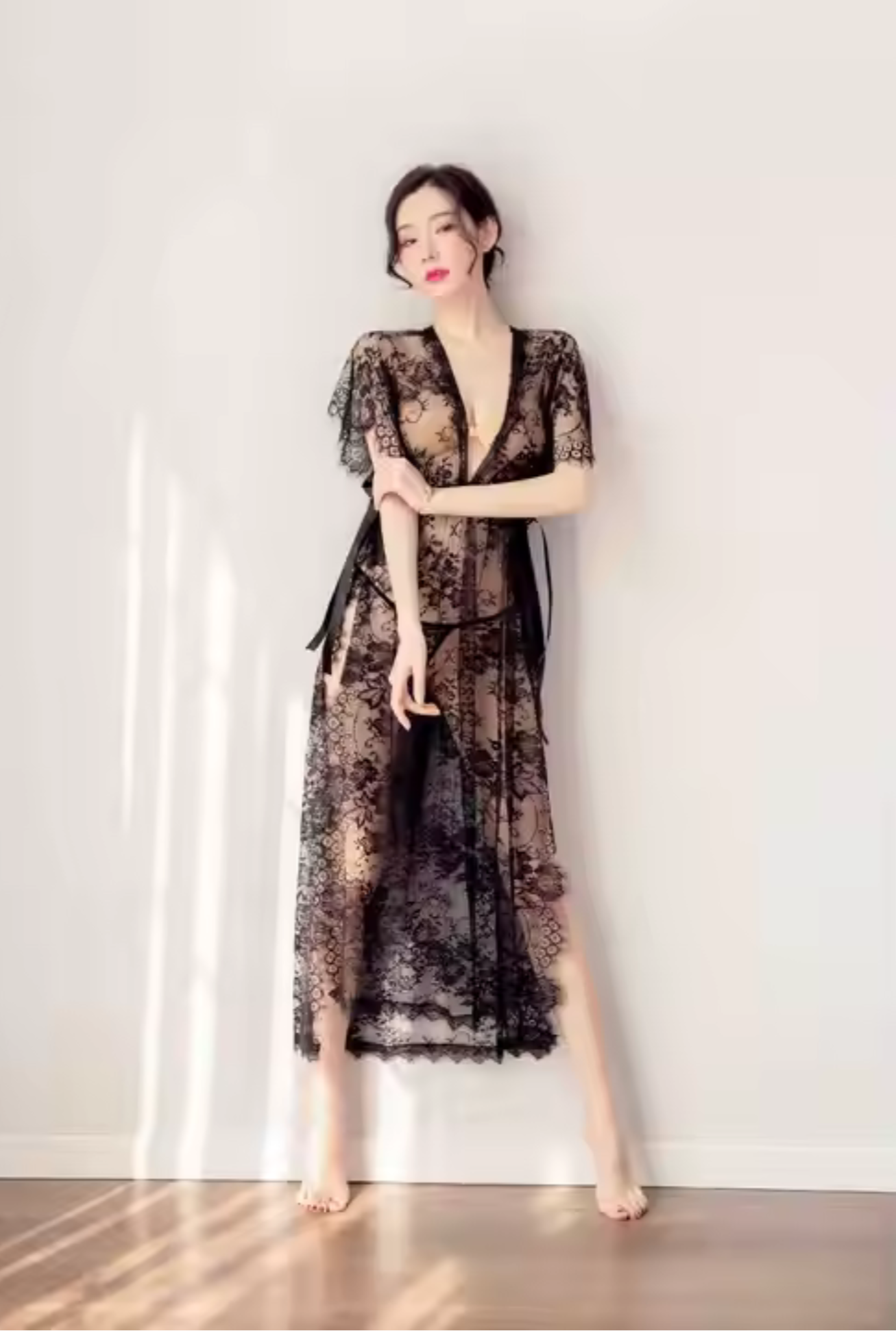 New Arrival See Through Short Sleeve Sleepwear Black Free Size Nylon