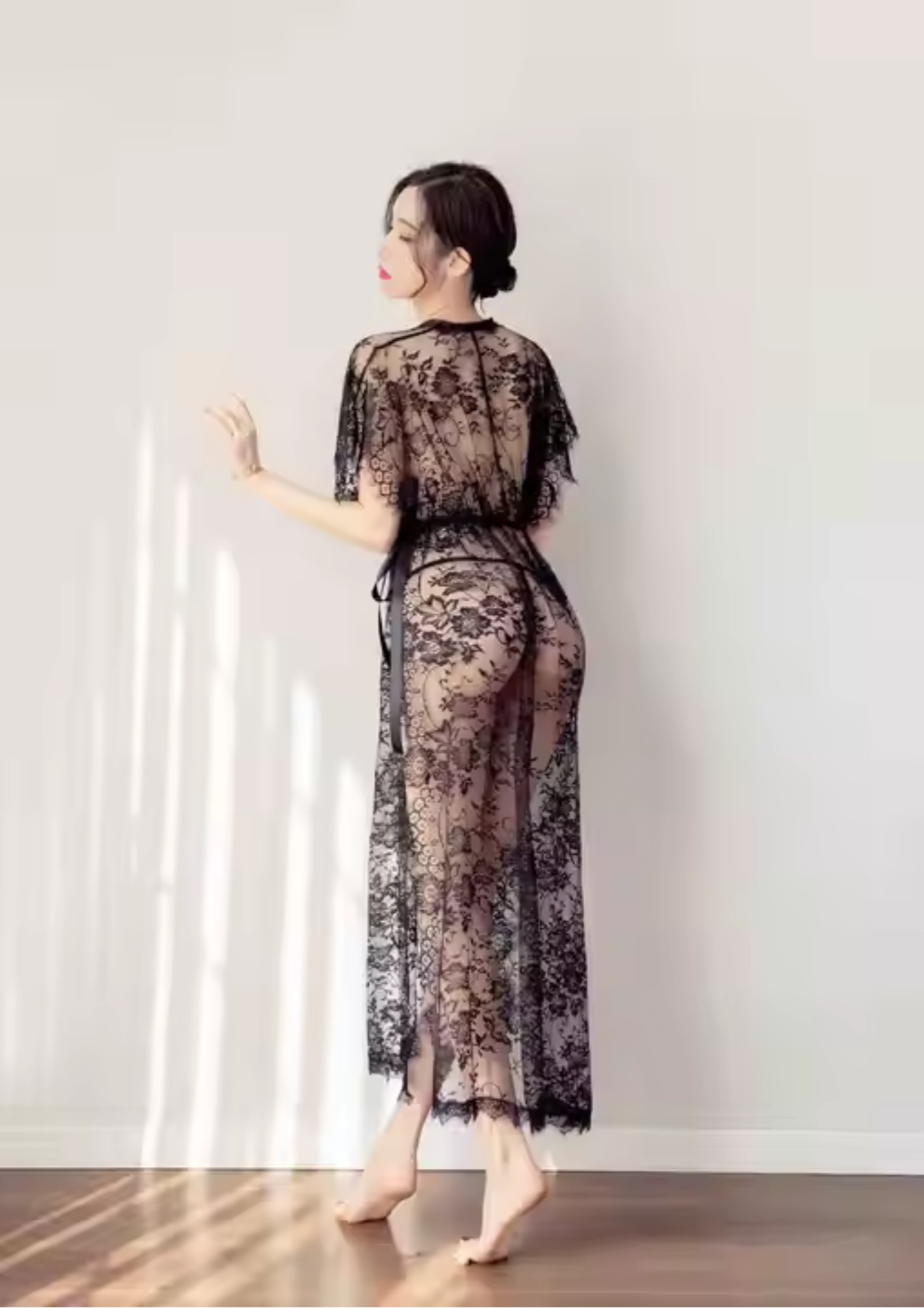 New Arrival See Through Short Sleeve Sleepwear Black Free Size Nylon