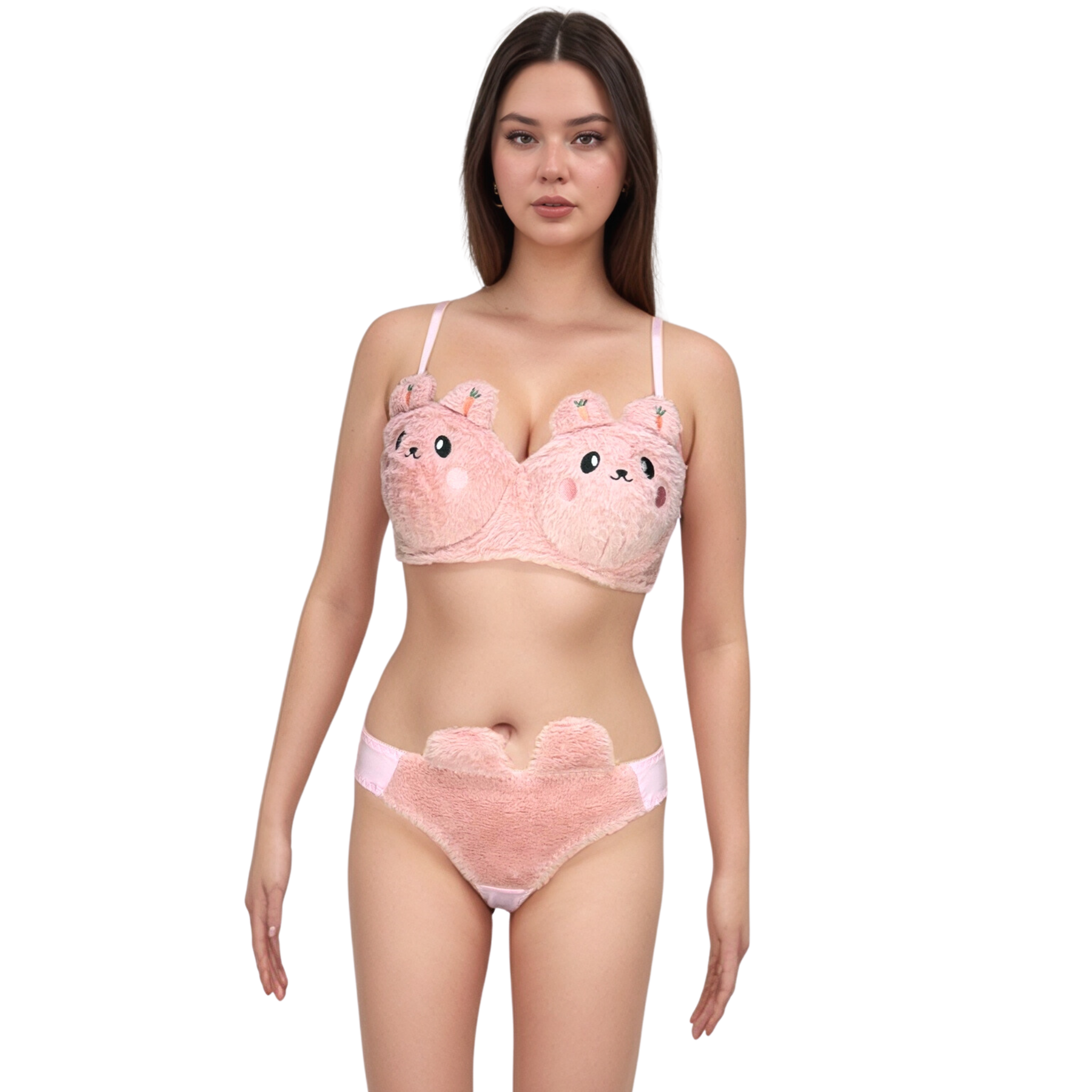 Cute Cartoon Bra Panty Set Pink Plush