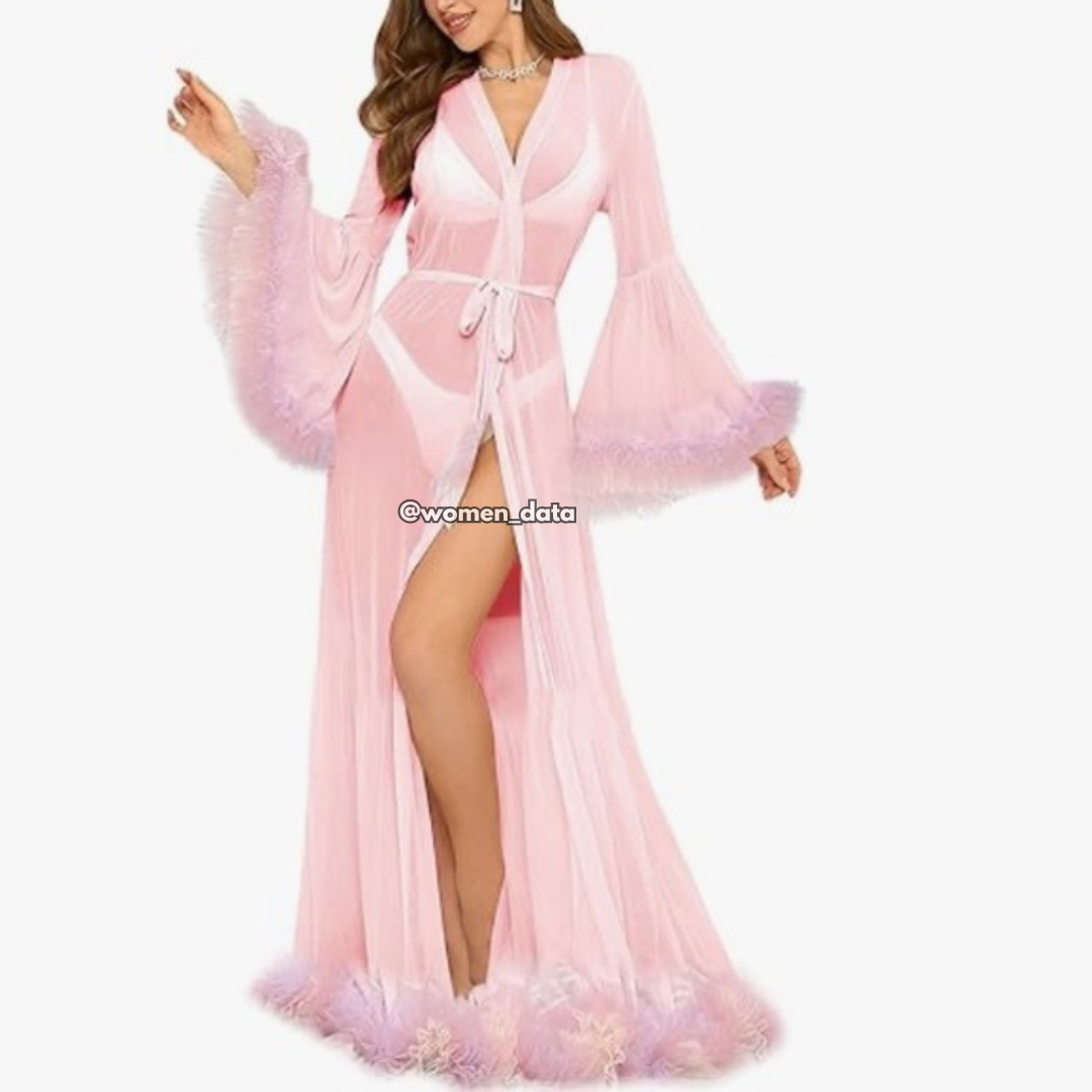 Pink Sheer Mesh Long Robe Lingerie with Belted Waist