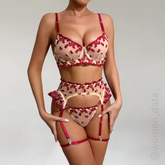 Red Heart Embroidered Lingerie Set