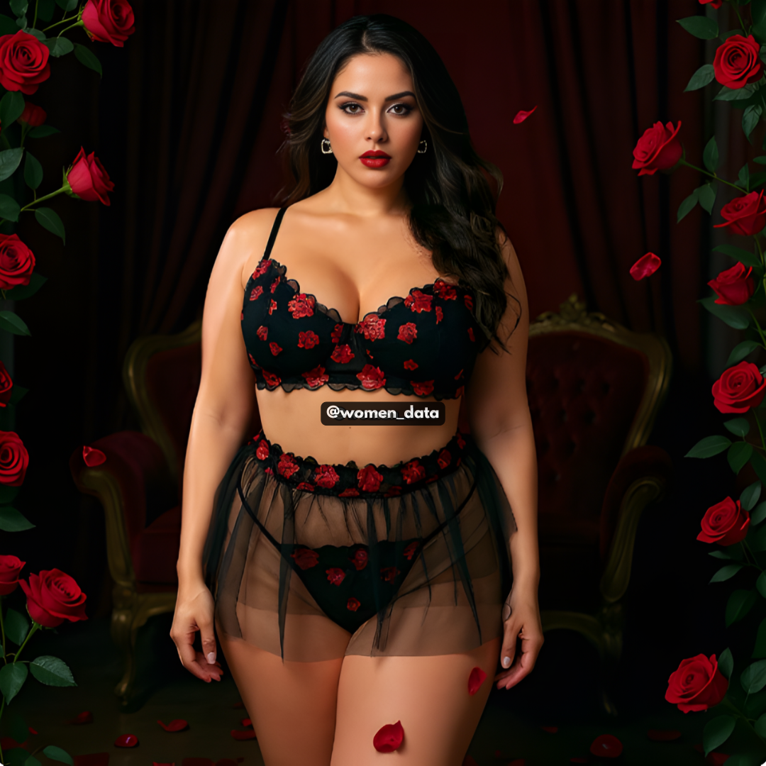 Plus Size Floral Embroidery Bra, Panty & Cover Skirt Set
