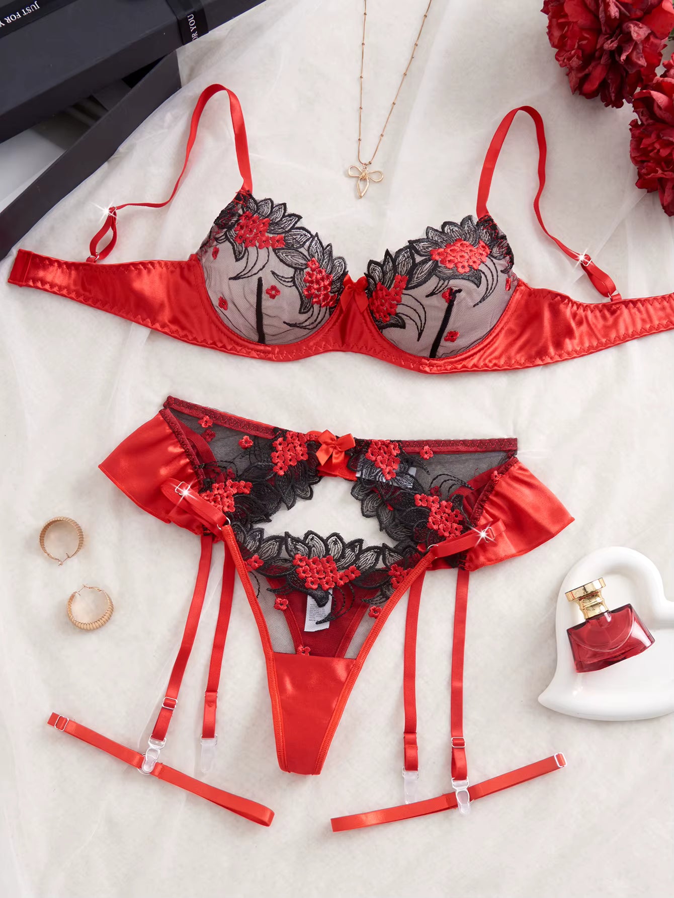 Red & Black Lace Strappy Bra & Thong Lingerie Set