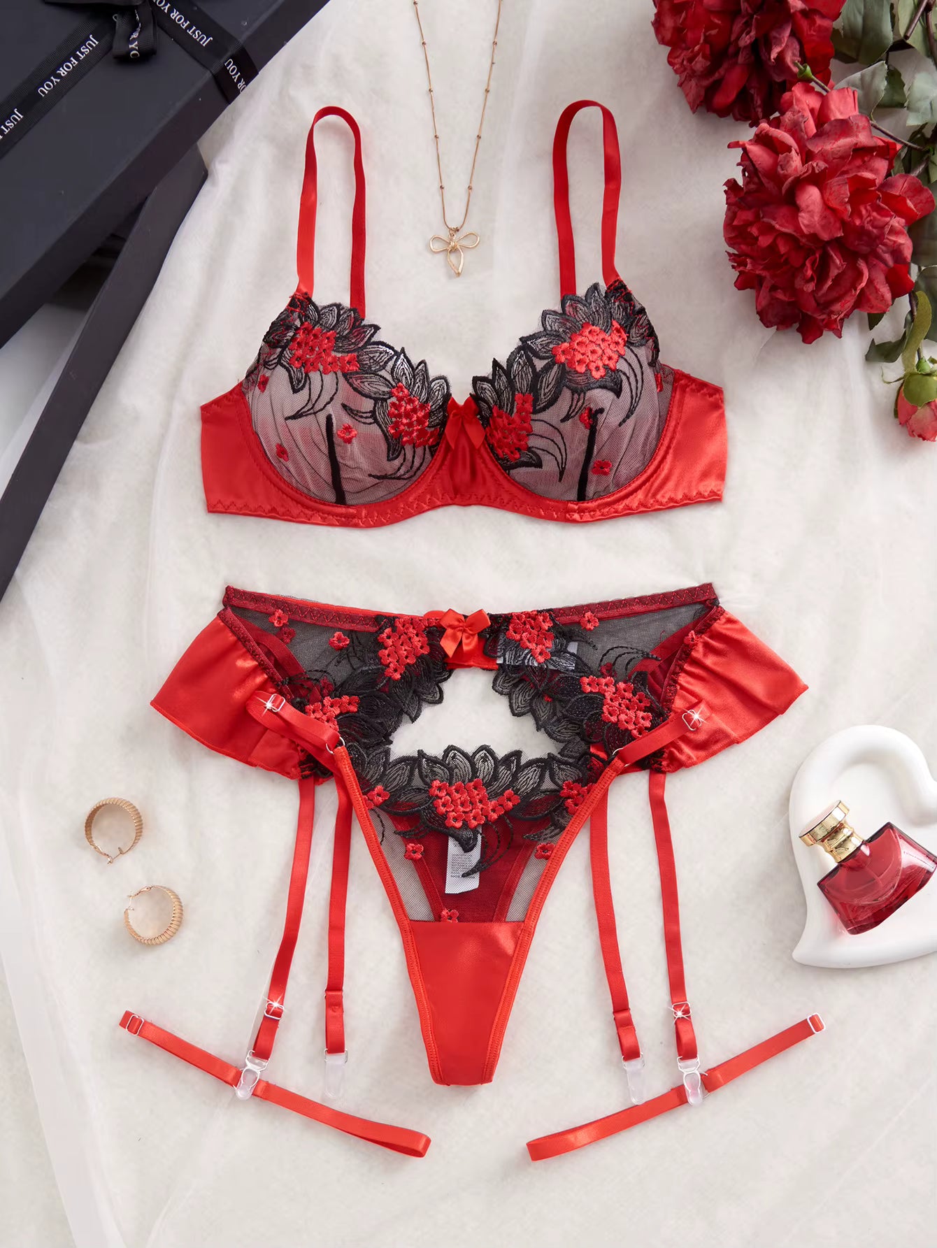Red & Black Lace Strappy Bra & Thong Lingerie Set