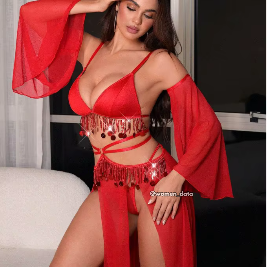 Red Fringe Belly Dance Lingerie Set