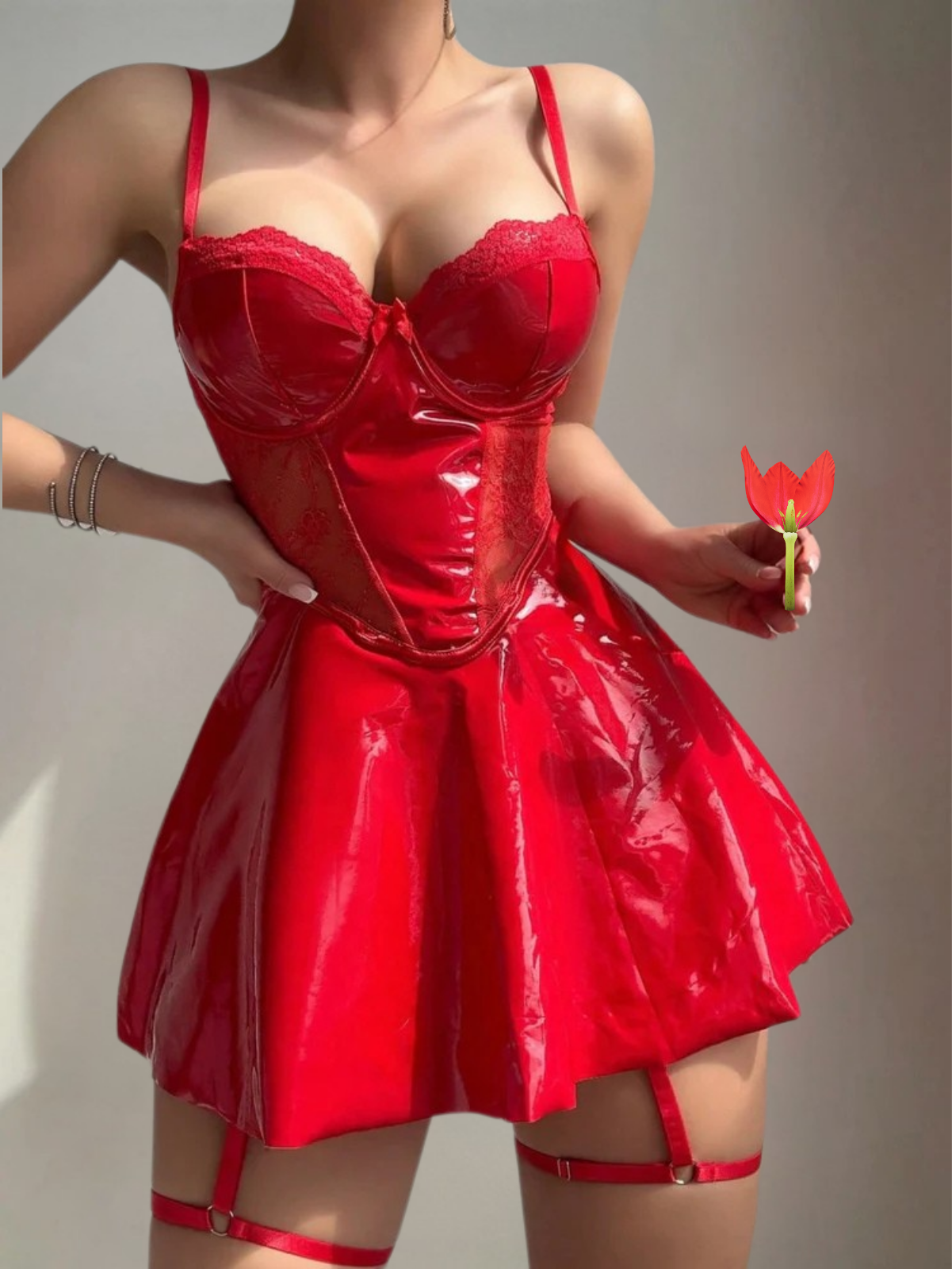 Red Patent Leather Corset Babydoll Lingerie Set
