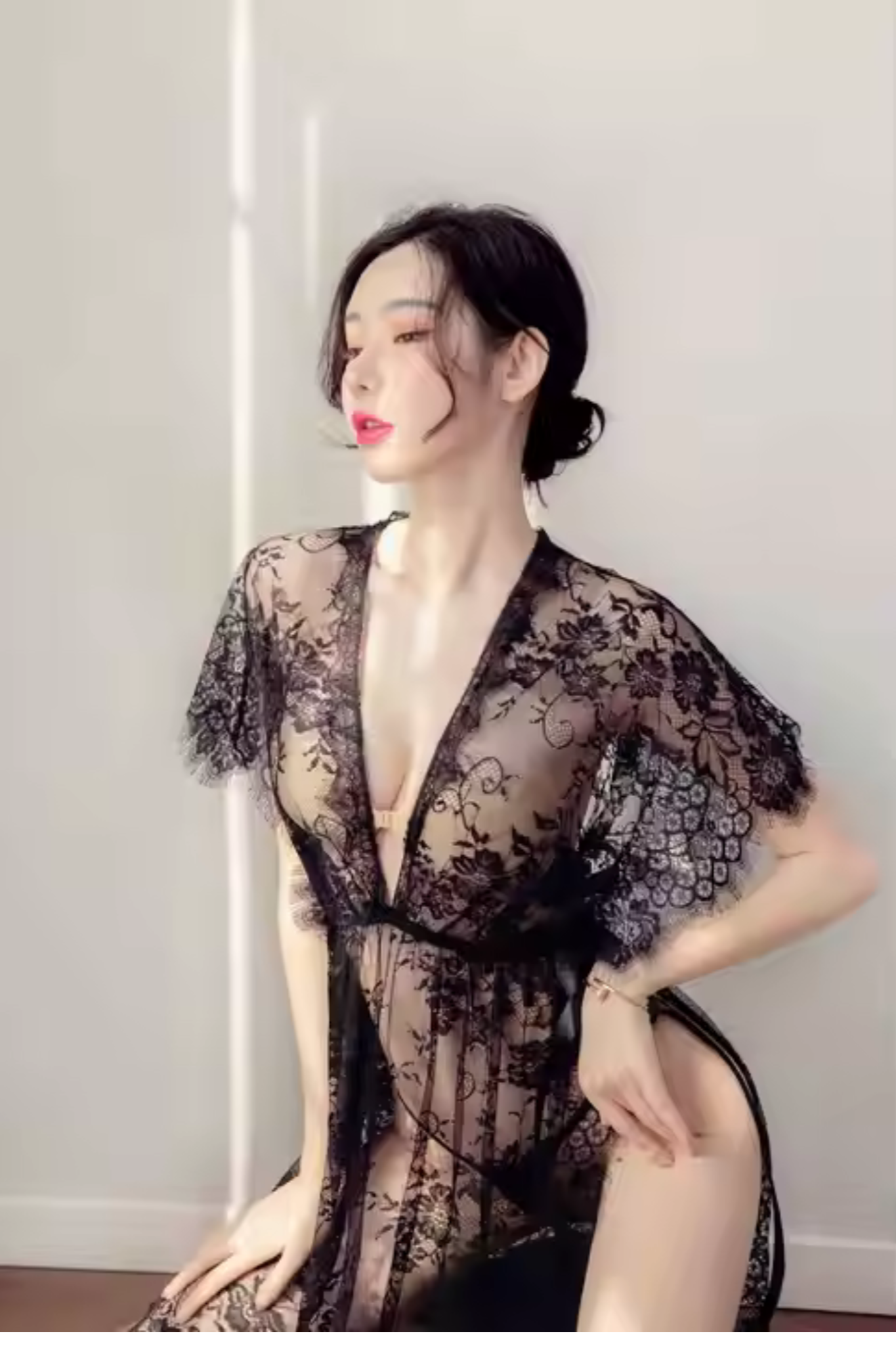 New Arrival See Through Short Sleeve Sleepwear Black Free Size Nylon