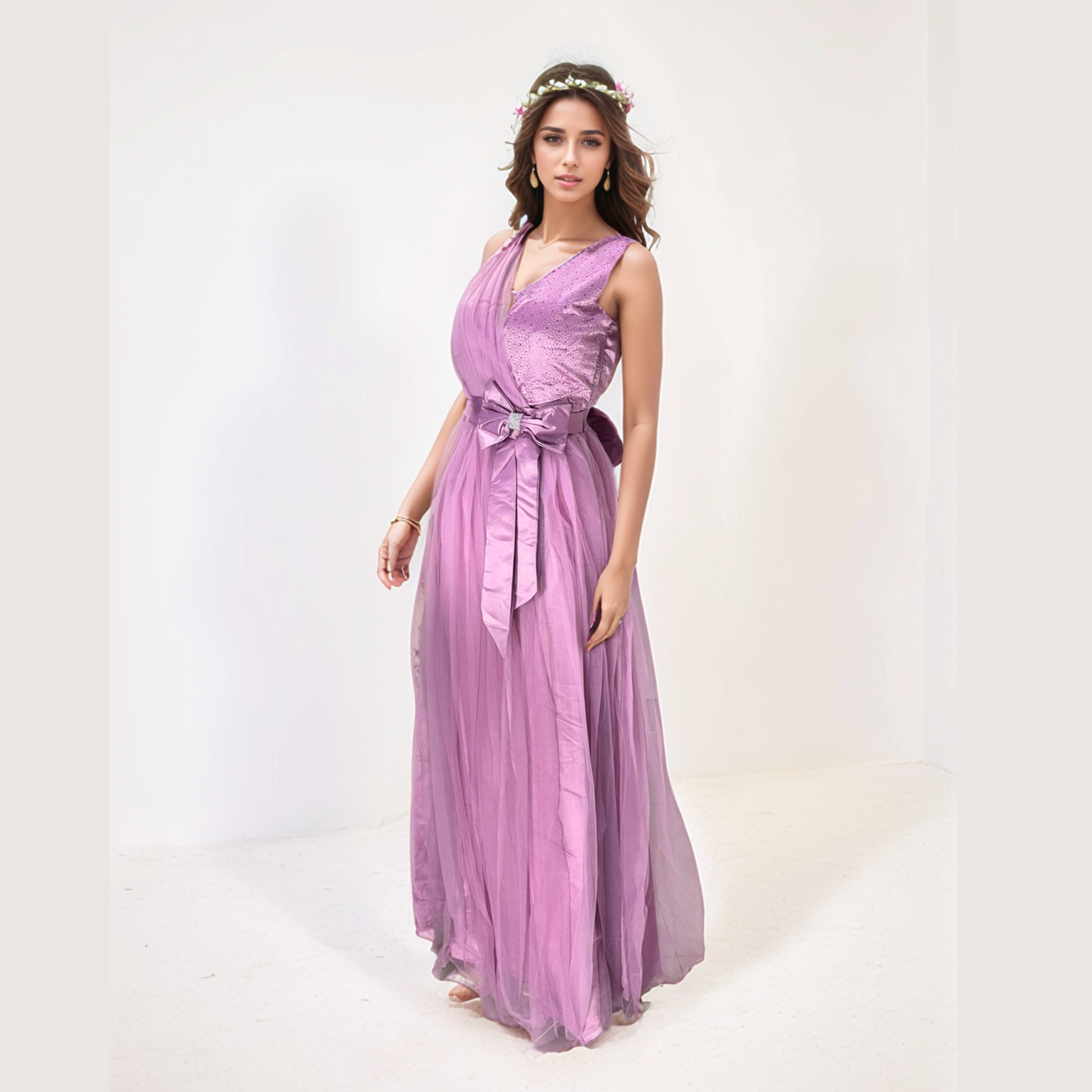 Layered Net and tulle base women gown Dress Purple Free Size Attach Sleeves